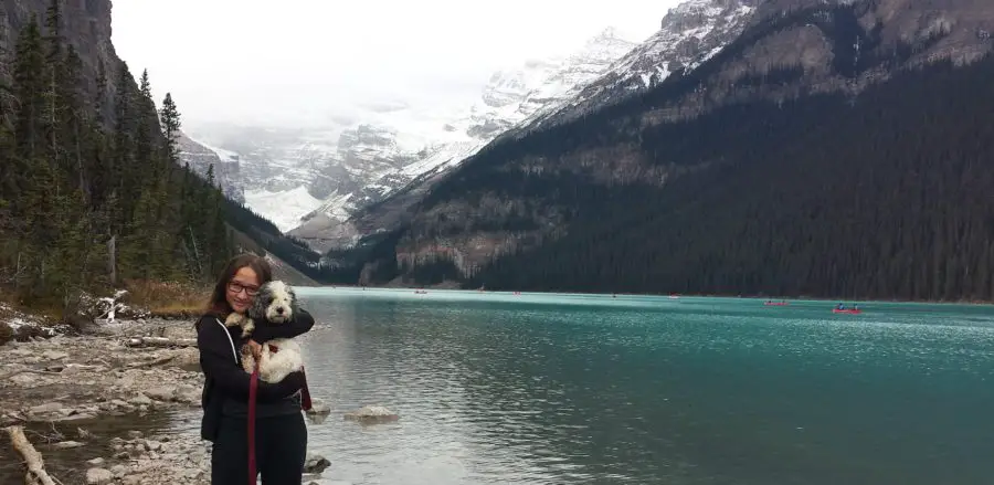 Me and my dog admiring the mountains of Lake Louise, Canada.