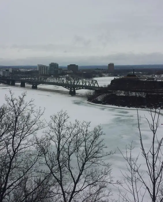 Bridge over frozen river in Ottawa, Canada