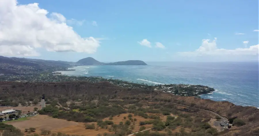 View of the crater and the ocean from the Diamond Head Hike, one of the best hikes in Oahu