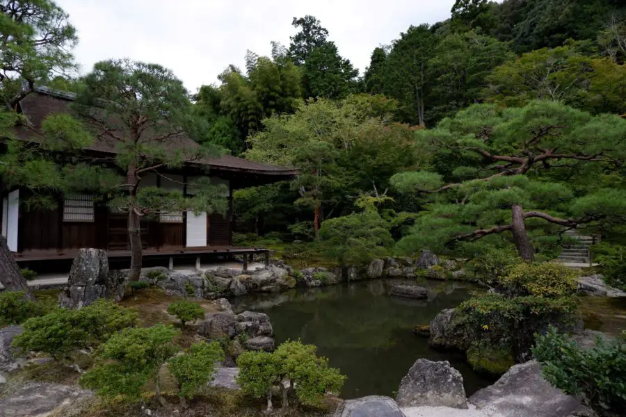 The gardens and pond surrounding the Ginkaku ji Kyoto, i.e., the Silver Pavilion