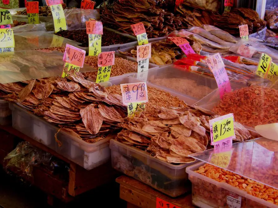 The food offered in open containers at a small shop in Chinatown, the perfect stop on your Montreal weekend getaway