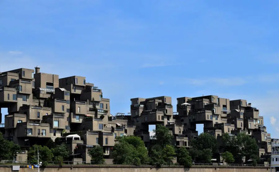 The funky cubic architecture of Habitat 67 on a sunny day, visible from the Old Port of Montreal