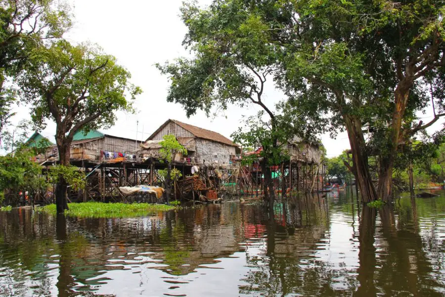 A few trees on an overcast day surrounding a few houses in Kampong Pluk, one of the top Tonle Sap floating villages