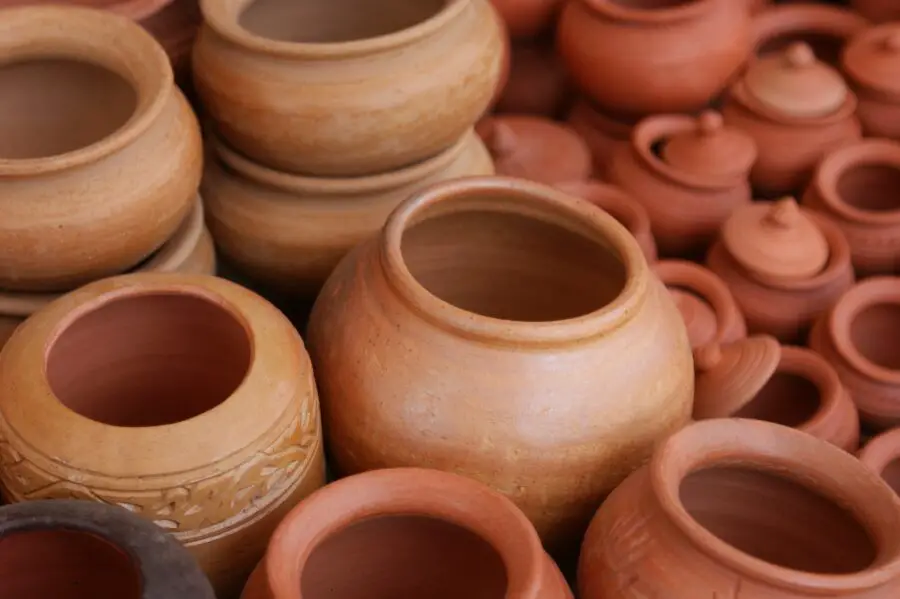 Some light pink and tan handmade clay pots at the Angkor Pottery Center in Siem Reap, Cambodia
