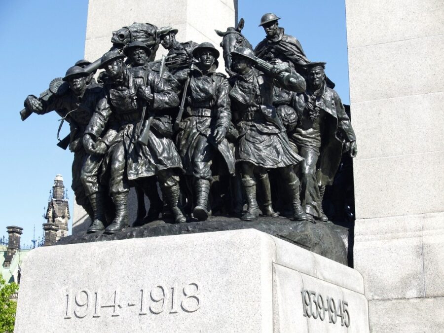 The main, center statues of soldiers in Word War I at the National War Memorial in Ottawa