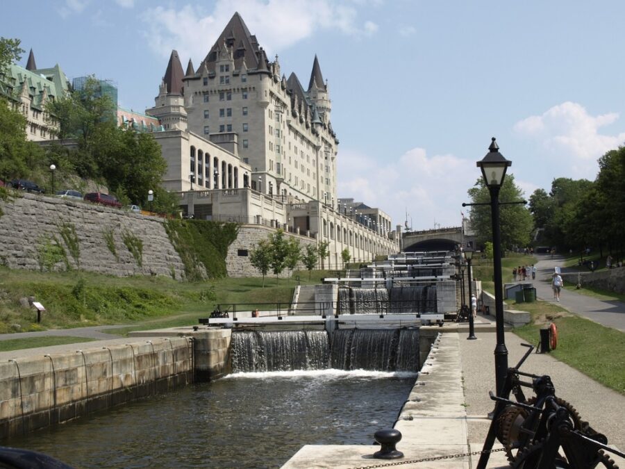 The Rideau Canal Locks 1-8 beside the Fairmont Chateau Laurier in Ottawa, a stop on our Ottawa free walking tour