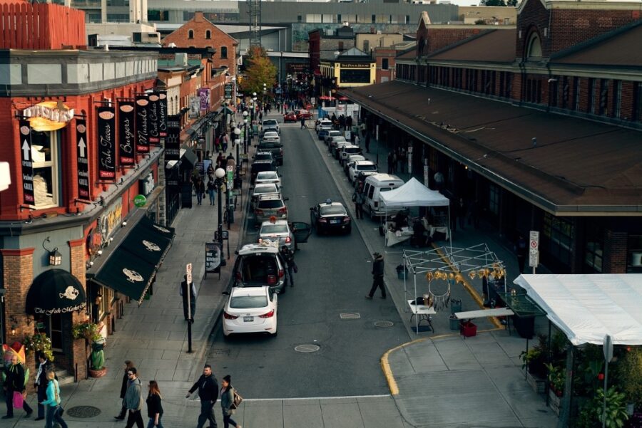 A view of the streets and buildings of the ByWard Market from up high, a stop on our self-guided walking tour of Ottawa