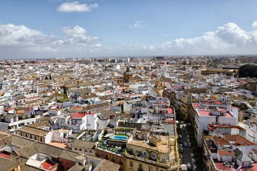 An aerial, panoramic view of the city of Seville on a sunny day, a sight on my self guided walking tour Seville.